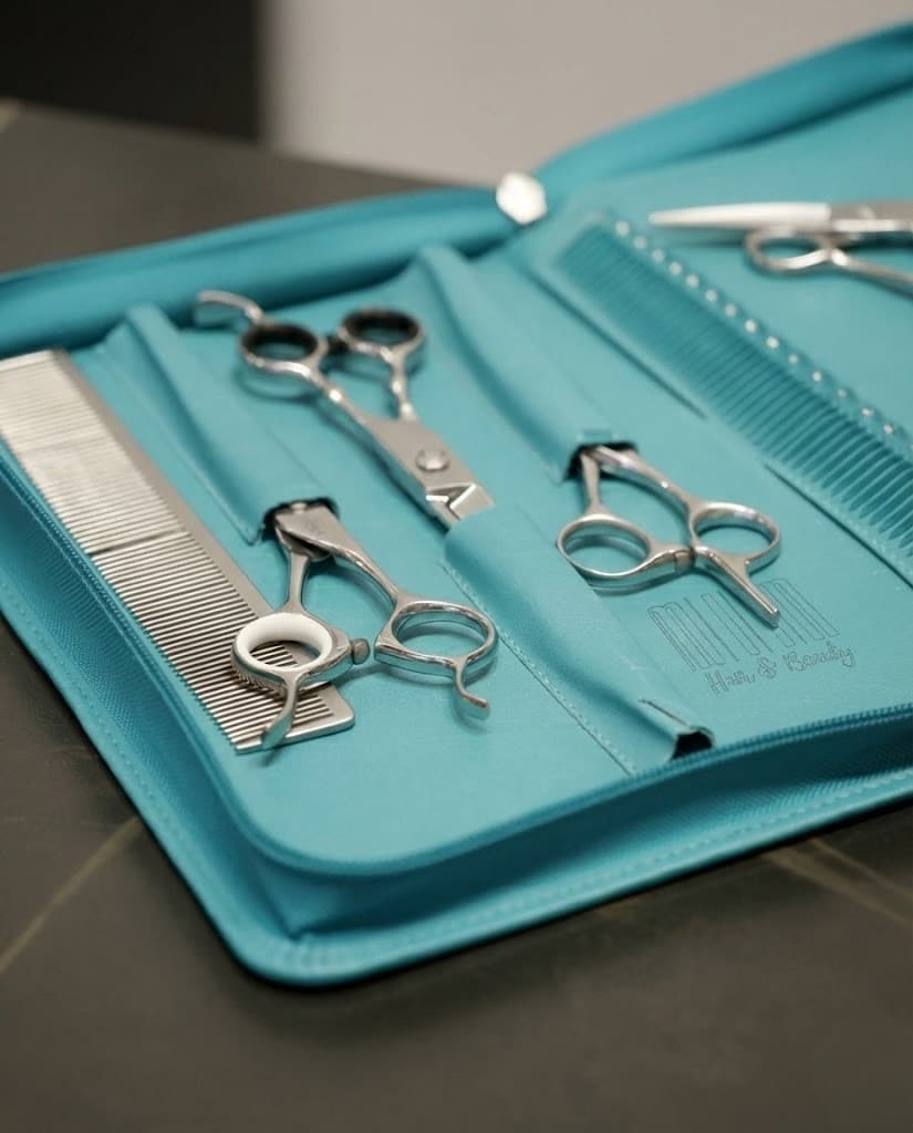Cut service example with scissors and comb case in Tiffany blue