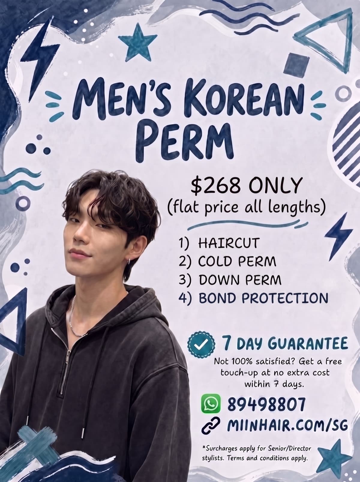 Men's Korean Perm poster — $268 all-inclusive: haircut, cold perm, down perm and bond protection at Miin Orchard