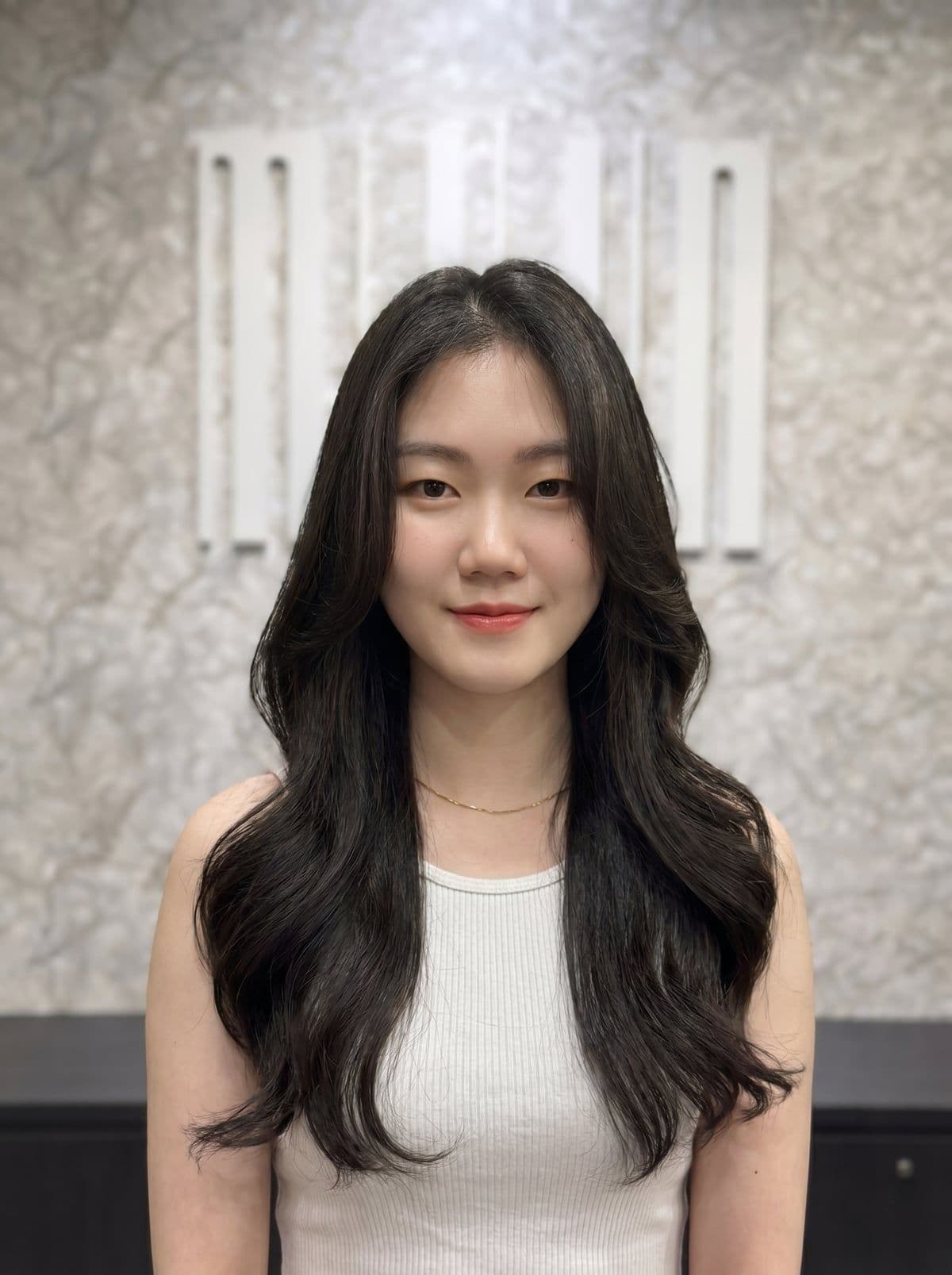 Korean digital perm at Miin salon Singapore — soft bouncy K-drama waves on long hair