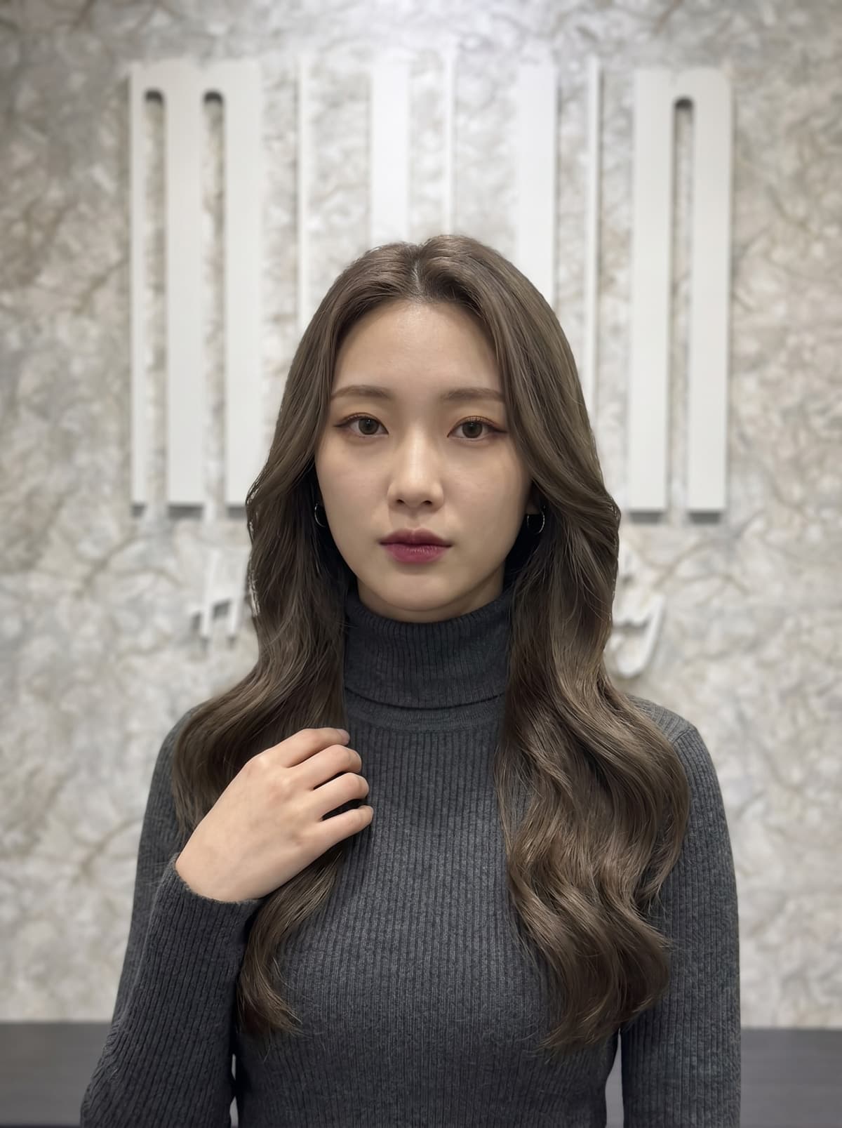 Ash brown hair color at Miin salon Singapore — medium-dark smoky cool brown, popular Korean K-pop ash brown shade