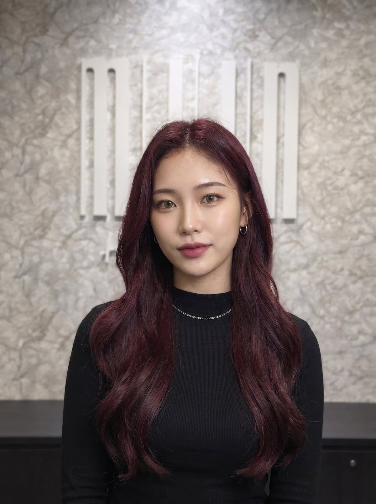 Burgundy hair color at Miin salon Singapore — deep red-brown with wine-red undertones
