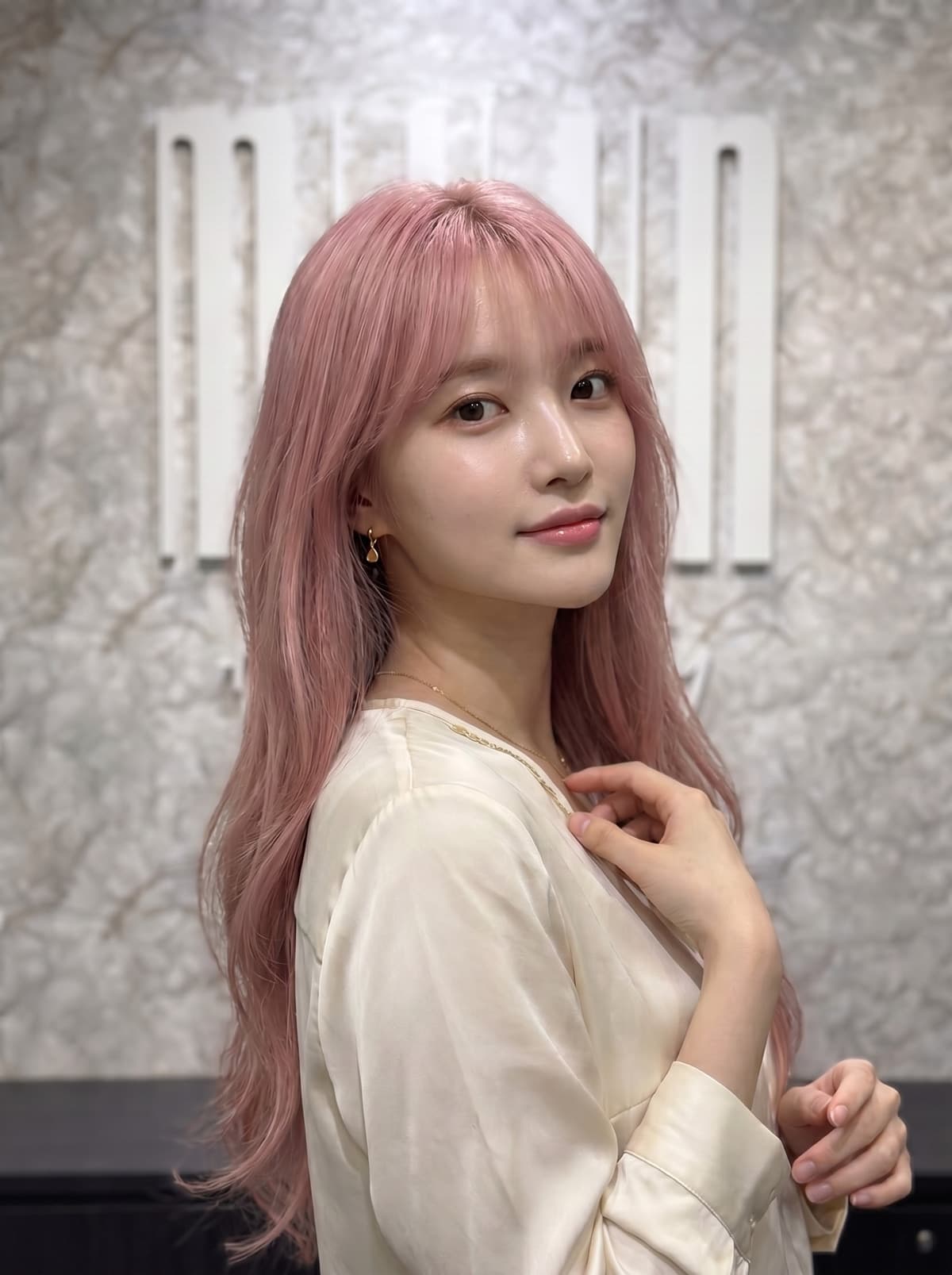 Dusty pink hair color at Miin salon Singapore — soft muted rose-pink, also known as dusty rose or rose pink, Korean K-pop pastel editorial shade