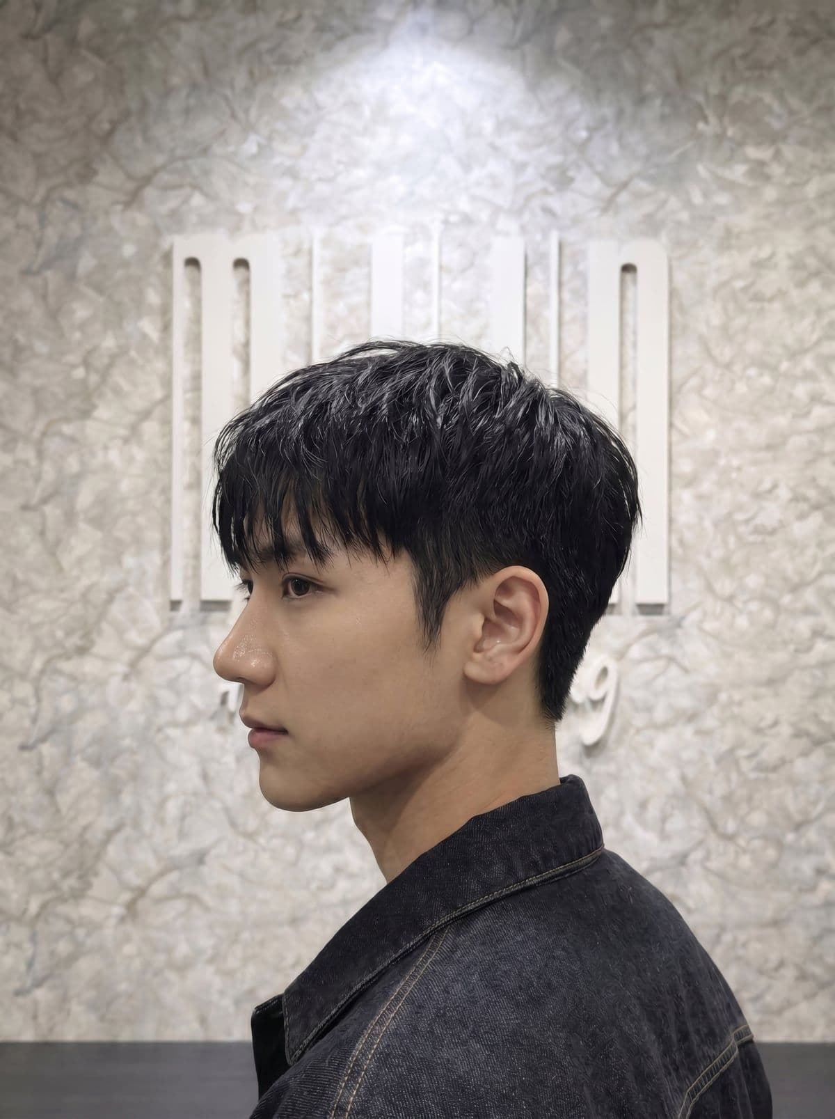 Two block haircut — Korean men's cut with short scissor-tapered sides and textured crop top, styled at Miin salon Singapore