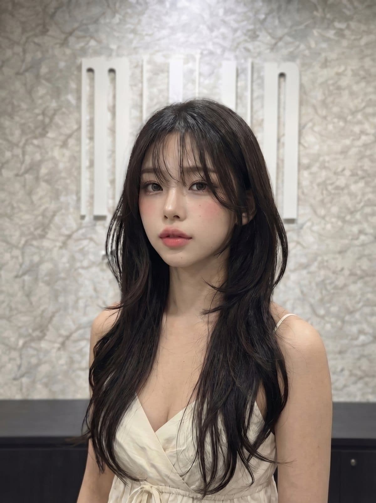 Korean women's haircut at Miin salon Singapore — hush cut with long layers, curtain bangs, and face-framing flicks