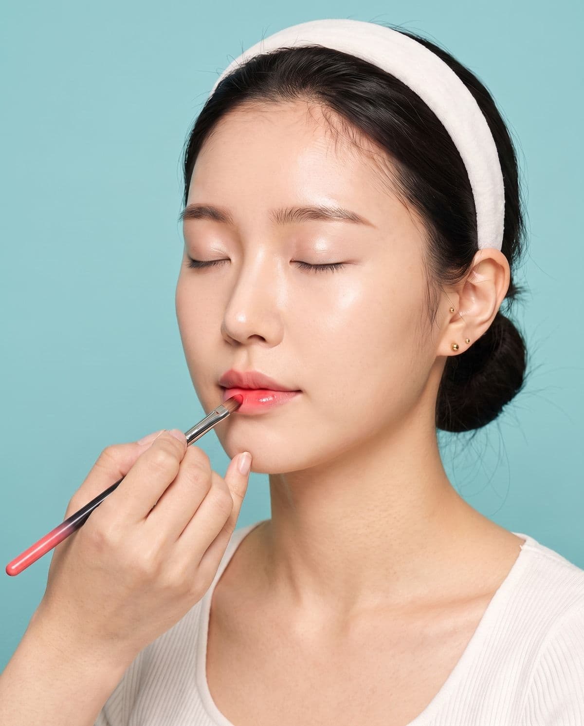 Korean makeup artist applying gradient coral lip tint at Miin salon in Orchard, Singapore