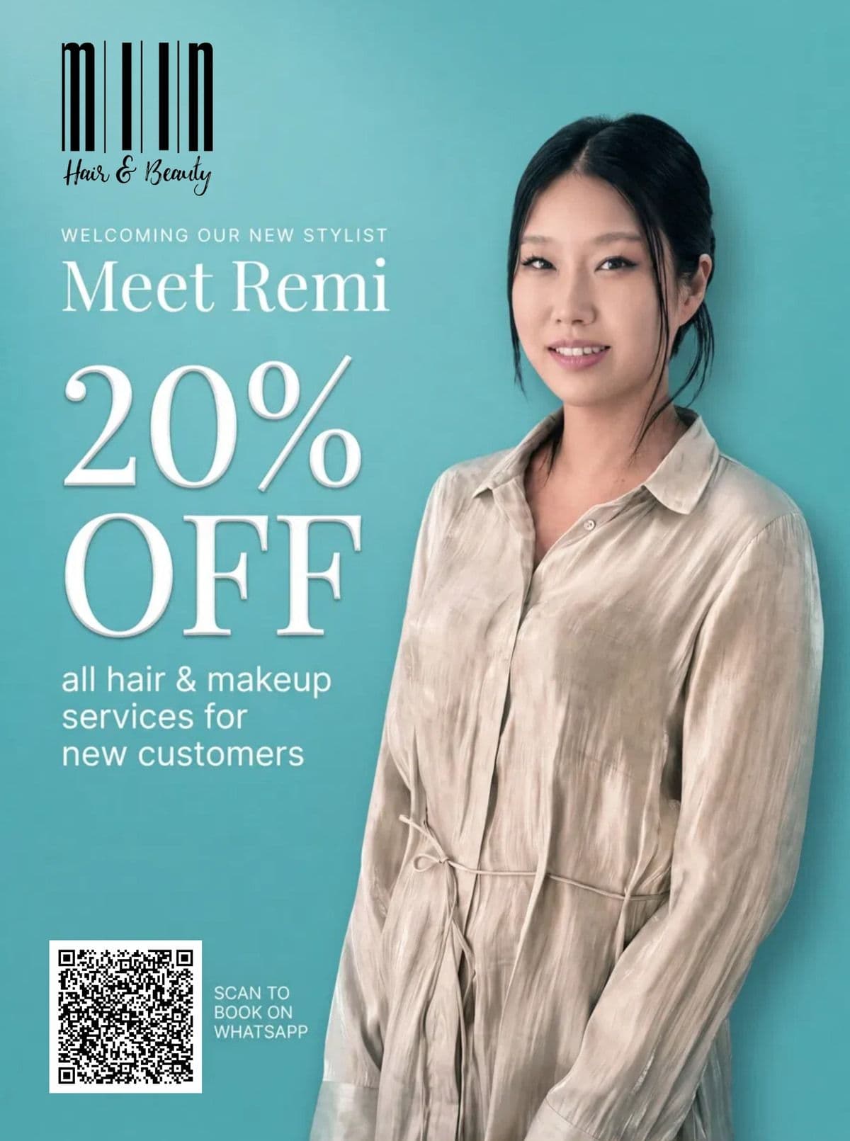 Meet Remi promo poster — 20% off all hair and makeup services for new customers at Miin Hair & Beauty, Orchard Singapore