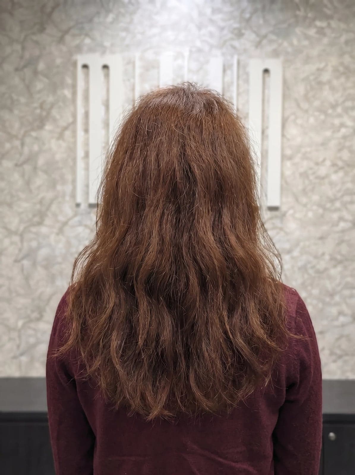 Before magic setting perm at Miin Orchard — frizzy un-styled hair with natural Asian texture, puffy roots and undefined ends